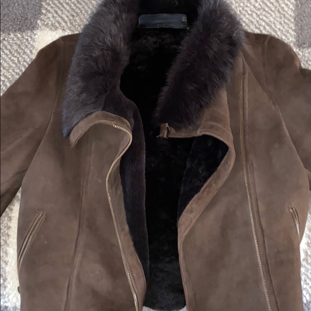 Zara Women Suede brown fur jacket small